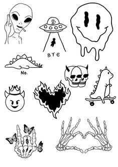 an image of different types of stickers on a white background with black and white ink