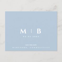 the save the date card is shown in light blue