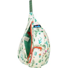 a white bag with cactus print on the front and side pockets, hanging from a hook