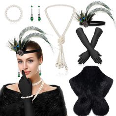 PRICES MAY VARY. Roaring 20s Accessories for Women: the package comes with 1 black fur shawl, 1 piece of 1920s headpiece for women, 1 pair of long black gloves, 1 pearl necklace, 1 pearl bracelet, 1 pair of green flapper earrings, and 1 prop holder, a delicate combination that can meet your 1920s party use and cosplay costume matching needs Flapper Faux Fur Shawl: this 1920s faux fur wrap is made of synthetic fur, soft and comfortable, warm and lightweight, it measures about 120 cm/ 47.2 inches Winter Costume Party Accessories, Elegant Black Costume Accessories For Costume Party, Elegant Winter Party Costume Accessories, Black Flapper Costume Accessories For Costume Party, Black Flapper Accessories For Costume Party, Elegant Black Costume Accessories For Formal Events, Elegant Black Costume Accessories For Formal Occasions, Black Costume Accessories For Winter Parties, Vintage Black Costume Accessories For Wedding