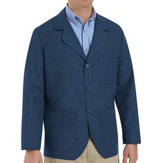 Present yourself as a conscientious professional in this pocketed counter coat. It has plenty of pocket space between a left chest pocket and two lower ones so you can keep your favorite tools handy. The men’s three button front closure on this coat features non-yellowing buttons so your counter coat continues to look crisp and polished over time. Red Kap, Lab Coats, Safety Clothing, Blazer Fashion, Mens Navy, Chest Pocket, Mens Coats, Men's Blazer, Fitness Fashion