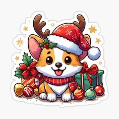 a cute corgi dog wearing a santa hat and scarf with christmas decorations around it