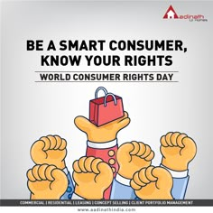 a cartoon character holding up a shopping bag with the words be a smart consumer, know your rights world consumer rights day