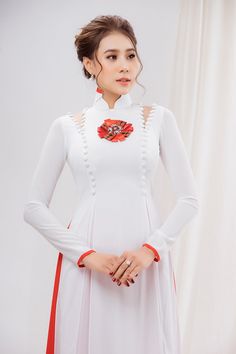 Modern collar Material: Crepe Long sleeves Type: Modern ao dai Traditional White Ao Dai For Formal Occasions, Traditional White Ceremonial Dress, Fitted White Ao Dai For Ceremonies, Traditional White Cheongsam For Wedding, Traditional White Ao Dai For Party, Fitted Long Sleeve Ao Dai For Ceremony, Traditional White Ao Dai For Wedding, Ceremonial Long Sleeve Ao Dai, Traditional White Cheongsam With Stand Collar