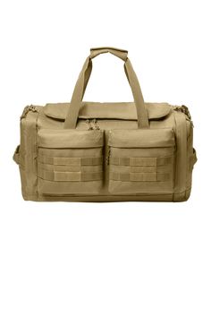 the large duffel bag is tan with two compartments