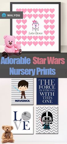 the star wars nursery printables are on display in front of a teddy bear