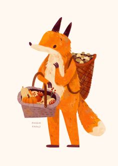 a fox holding a basket with food in it