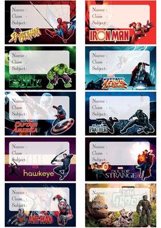 Marvel Heros Name Label Stickers A4 Size Label Subject Design, Name Slips For Notebook Printable Boys, School Lable Designing, Avengers Name Tag, Label Design For School, Subject Stickers Free Printable, Printable Name Tags For School, Subject Labels Free Printables, Name Labels For School Printable