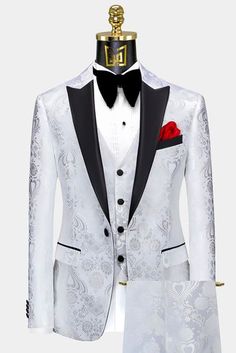 Fitted Satin Blazer For Weddings, Elegant Spring Tuxedo With Suit Collar, Elegant White Slim Fit Three-piece Suit, White Slim Fit Elegant Three-piece Suit, White Fitted Satin Sets, Fitted White Satin Sets, White Suit With Suit Collar For Spring, White Three-piece Suit With Notch Lapel For Party, White Three-piece Suit With Notch Lapel