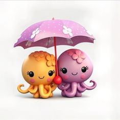 two cute little cartoon octopus holding an umbrella with their faces close to each other,