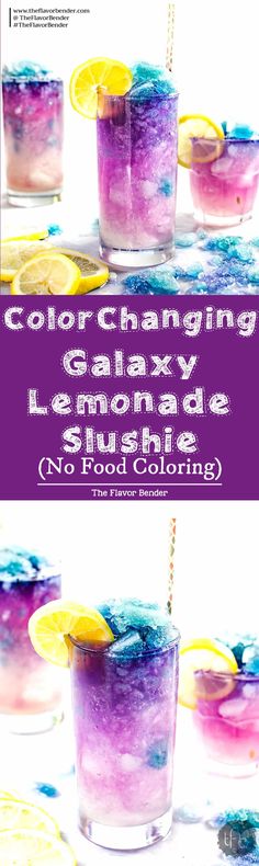 the cover of color changing galaxy lemonade slushies is shown in purple and blue