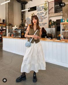 Long Skirt With Button Down Shirt, 70s Street Style Vintage Photos, Long Skirt Vest Outfit, White Midi Skirt Outfit Aesthetic, Float Skirt Outfits, White Peasant Skirt Outfit, Styling White Maxi Skirt, White Tiered Maxi Skirt Outfit, Tiered Skirt Outfit Summer