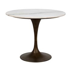 an oval marble table with brass base and white marble top, against a white background