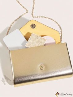 Bird in Bag - Metallic PU Detail Envelope Bag Glitter Decor, Chain Pattern, Envelope Bag, Evening Clutch Bag, Evening Clutch, Bird In Bag, Bag Bag, Square Bag, Gold Details