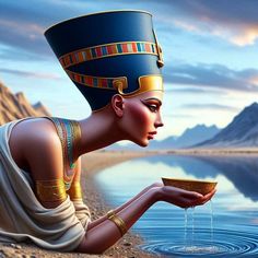 an egyptian woman drinking water from a bowl