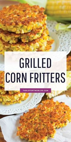 grilled corn fritters with text overlay that reads grilled corn fritters