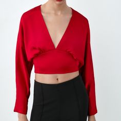 Nwt, Size M Elegant Red Top For Evening, Elegant Red Tops For Evening, Elegant Red Evening Top, Chic Red Blouse For Evening, Chic Red Zara Blouse, Chic Red V-neck Top, Chic Red Party Blouse, Red Elegant Cropped Top, Chic Red Tops For Spring