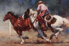 a painting of two men on horses chasing each other