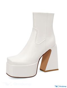 OrcaJump - Womens PU Leather Ankle Boots with Square Heel, Minimalistic Design, Zipper Closure, for Fall/Winter, Solid White Square Toe Platform Boots For Fall, White Platform Boots With Zipper For Winter, White Winter Platform Boots With Zipper, White High Heel Platform Boots With Zipper, White Platform Boots With Square Toe For Winter, White Faux Leather Heeled Boots For Winter, White Ankle Platform Boots With Zipper, White Platform Ankle Boots With Zipper, White Ankle Platform Boots With Zipper Closure