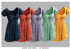 four dresses in different colors and patterns on a gray background with the words, almost love dress