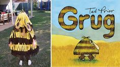 there is a child wearing a costume in front of a book cover and an image of a grass field