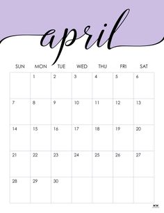 a calendar with the word april in black and white on it, next to a purple background