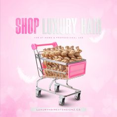 a pink shopping cart filled with lots of blonde hair on top of a pink background