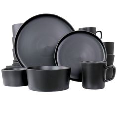 black dinnerware set with cups and saucers