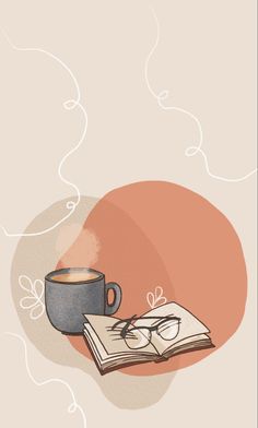 a cup of coffee and an open book on a saucer with swirls around it