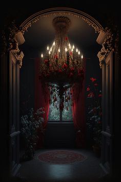 a chandelier hanging from the ceiling in front of a window with red curtains