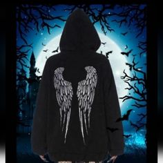 Hooded Teddy Jacket Has Soft Construction, Oversized Fit, Large Front Pockets, Zip-Up Closure, And Embroidered Fallen Angel Wings On The Back. Size 1x, New. Hooded Grunge Outerwear For Halloween, Grunge Hooded Outerwear For Halloween, Gothic Hooded Outerwear For Fall, Oversized Black Gothic Outerwear, Edgy Halloween Outerwear, Oversized Black Outerwear For Halloween, Oversized Hoodie For Halloween, Oversized Hoodie Outerwear For Halloween, Alternative Long Sleeve Outerwear For Halloween