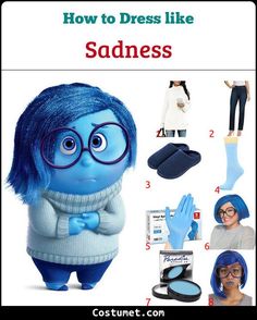 Saddnessfrom Inside Out Costume, Inside Out Family Costume Halloween, Blue Hair Cosplay Characters, Halloween Costume Blue Hair, Blue Haired Characters Halloween, Costumes With Blue Hair, Blue Wig Costume Ideas, Disgust Inside Out Costume, Diy Inside Out Costume