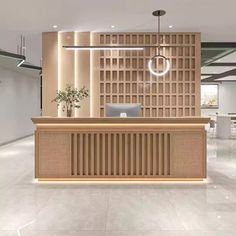 the front desk of an office with white tile flooring and wooden paneled walls