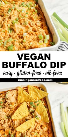 vegan buffalo dip in a casserole dish with tortilla chips