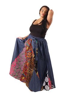 African Print Denim Maxi Skirt Waist 26" waist stretched 52" Colors: Dark Denim Size: One size fit All up to size 2X Dashiki Skirt, African Print Maxi Skirt, African Print Clothing, African Dashiki, Print Denim, Natural Body Care, Denim Maxi, Printed Wide Leg Pants, Printed Maxi Skirts