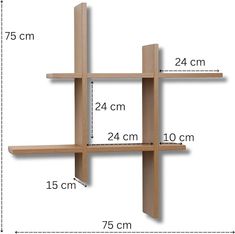 a wooden shelf is shown with measurements for the top and bottom shelves on each side