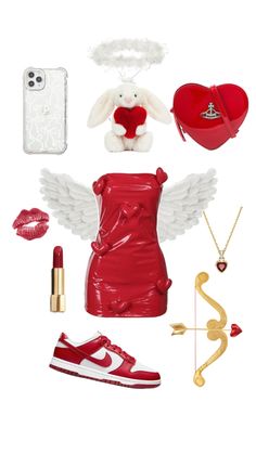 a red dress with white wings and some accessories