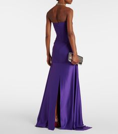 Alessandra off-shoulder satin gown in purple - Solace London | Mytheresa Solace London, Boned Corsets, London Outfit, London Dresses, Satin Gown, Satin Skirt, Bold Fashion, Fitted Bodice, Dress With Boots