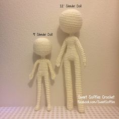 two crocheted dolls standing next to each other