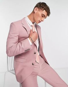 Noak premium wool-rich skinny suit jacket in pastel pink | ASOS Abi Ball, Casino Wedding, Pink Suit, Rose Pastel, Curator Style, Body Fit, Side Pocket, Pink Fashion, Suits You