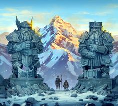 two people are standing in front of some giant statues with mountains in the back ground