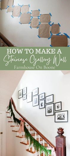 the stairs are decorated with christmas garlands and pictures