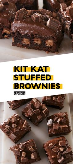 chocolate brownies cut into squares and stacked on top of each other with text overlay