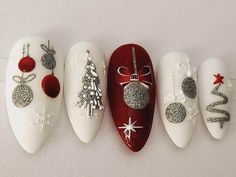 Tartan Plaid Christmas Nails, Christmas Red Ombre Nails, Grey And White Christmas Nails, Christmas Ornaments Nail Designs, Christmas Press On Nail Designs, White Xmas Nail Designs, Ornament Christmas Nails, Christmas Ornament Nail Designs, Rustic Christmas Nails