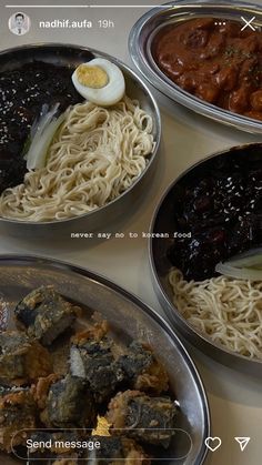 four metal bowls filled with different types of food