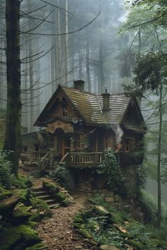 a house in the woods with moss growing on it's roof and steps leading up to it