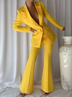 Blazer Pants Set, Yellow Blazer, Unique Sweaters, Crop Top Sweatshirt, Wool Blend Jacket, Long Maxi Skirts, Pant Suit, Stretchy Dress, Flared Pants