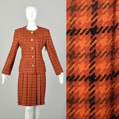 "Description: Fabulous Givenchy in a stunningly bold autumn plaid skirt suit is everything you need for a fall fashion statement! Orange autumn houndstooth tweed and a knife pleated skirt checks every box. Make it yours! Condition: Very Good Condition Details: Some of the buttons have faded from use but this does not affect the wearability of the garment. Size Marked: 40 Approximate Size: Large **Please Check Measurements to be Sure! Textile: 100% Wool Lining Type: Fully Lined Closure: Jacket: F Fitted Vintage Houndstooth Blazer, Luxury Vintage Houndstooth Tweed Jacket, Houndstooth Runway, Wool Yellow Plaid Skirt, Wool Houndstooth Vintage Outerwear, Knife Pleated Skirt, Knife Pleat, Plaid Skirts, Skirt Suit