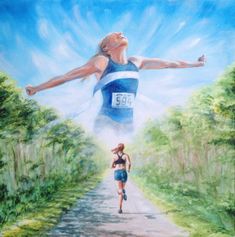 a painting of a woman running down a dirt road with her arms outstretched in the air