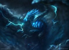 a blue dragon is in the middle of a storm with lightning coming from its back